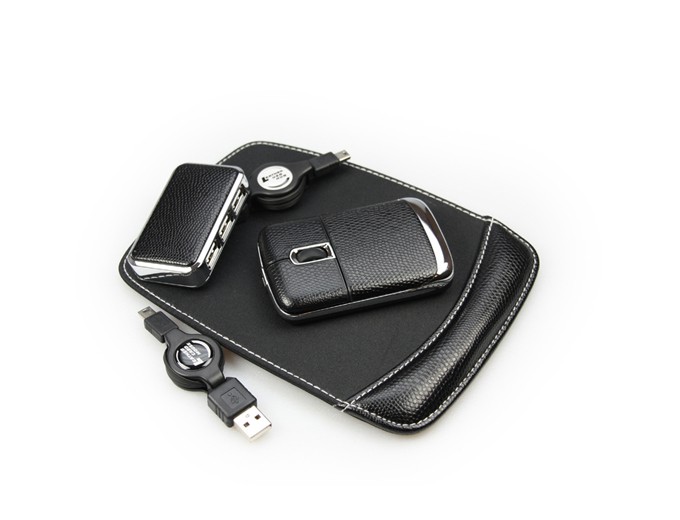 компьютерный набор: оптическая мышь/USB порт/USB диск в кожаном чехле 2 GB, черный, )